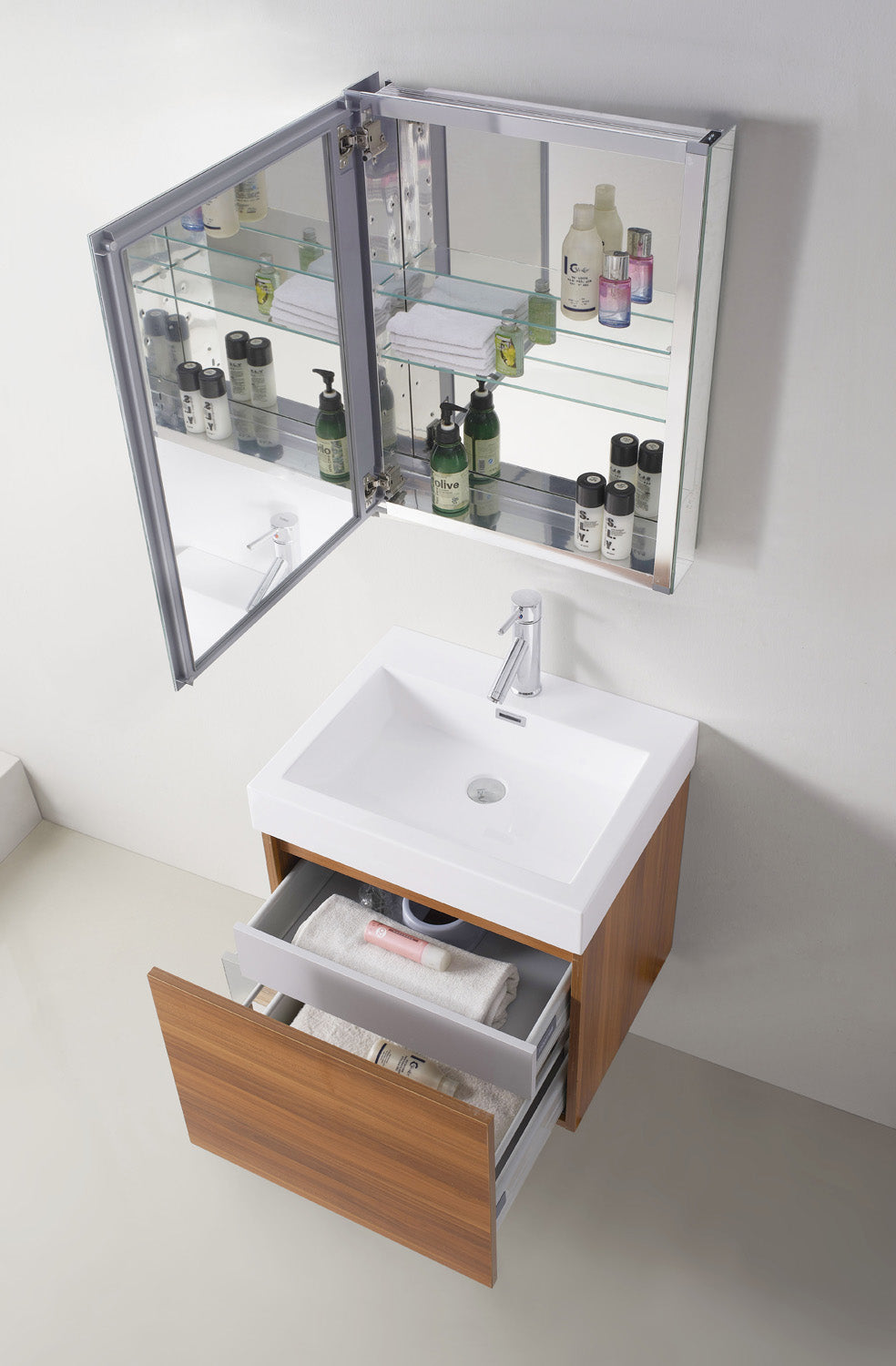 Virtu USA Zuri 24" Single Bath Vanity in Wenge with White Polymarble Top and Integrated Square Sink with Brushed Nickel Faucet with Matching Mirror