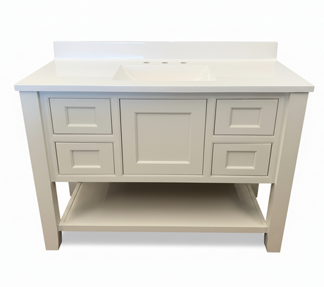 Beige bathroom vanity with white countertop on a white background