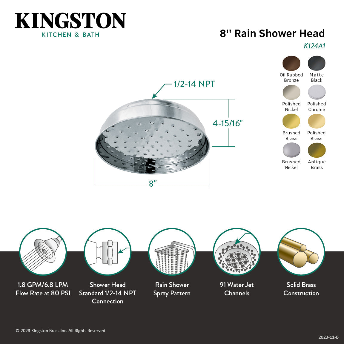 Victorian K124A2 8-Inch Brass Shower Head, Polished Brass