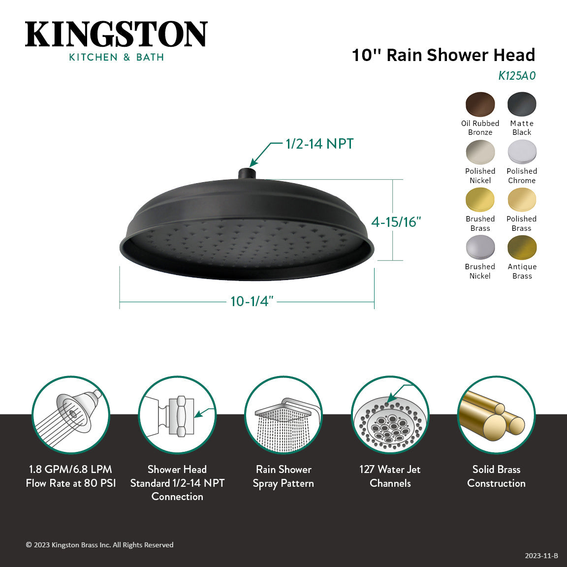 Victorian K125A2 10-Inch Brass Shower Head, Polished Brass