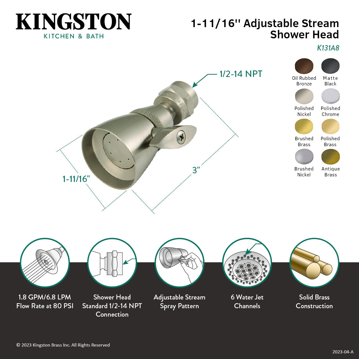 Shower Scape K131A2 1-3/4 Inch Brass Adjustable Shower Head, Polished Brass