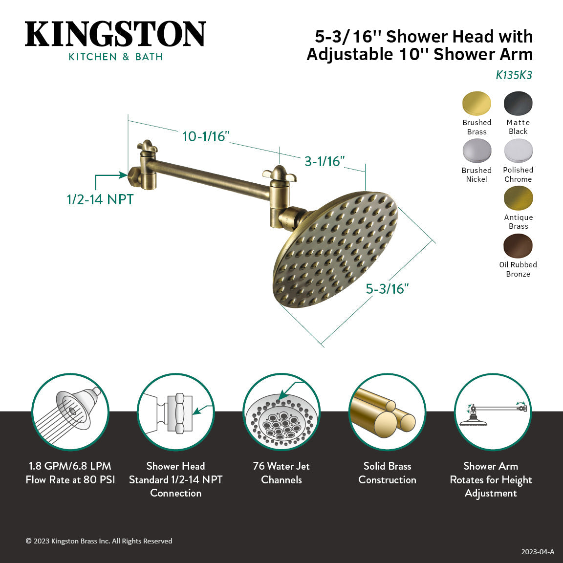 Victorian K135K7 5-1/4 Inch Brass Shower Head with 10-Inch High-Low Shower Arm, Brushed Brass