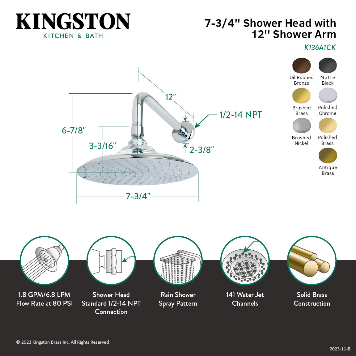 Shower Scape K136A3CK 7-3/4 Inch Brass Shower Head with 12-Inch Shower Arm, Antique Brass