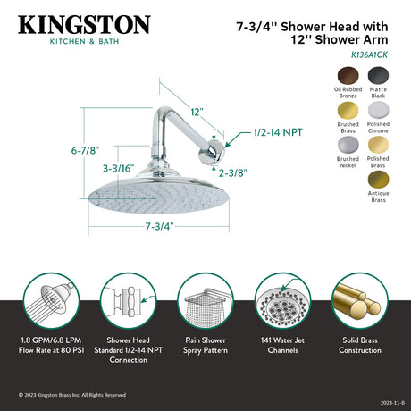 Shower Scape K136A3CK 7-3/4 Inch Brass Shower Head with 12-Inch Shower Arm, Antique Brass