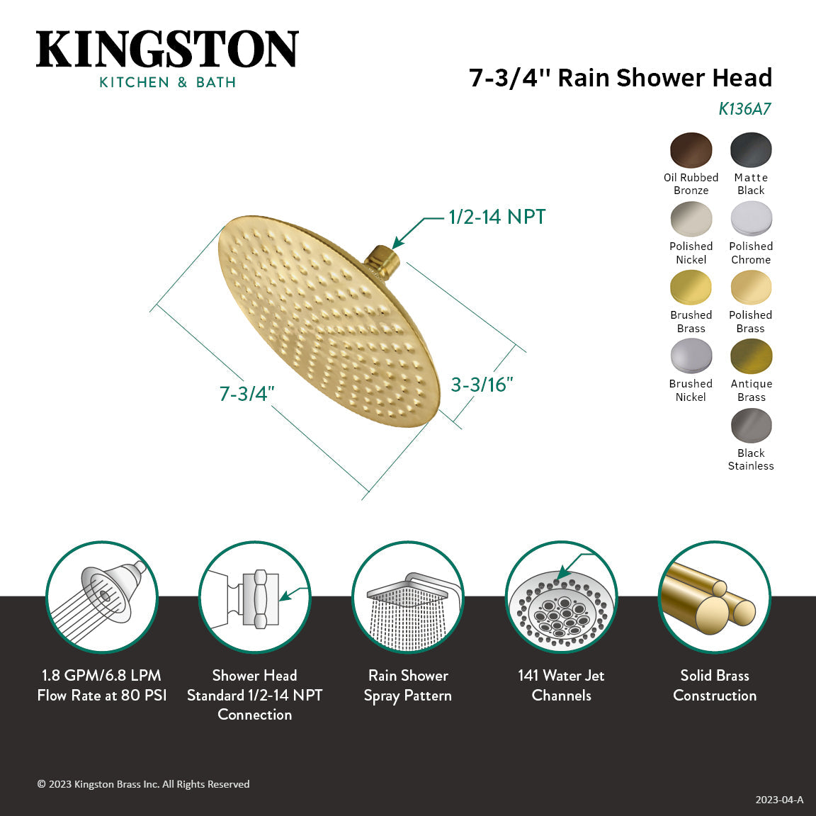 Shower Scape K136A6 7-3/4 Inch Brass Shower Head, Polished Nickel