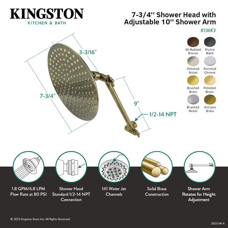 Shower Scape K136K2 7-3/4 Inch Brass Shower Head with 10-Inch High-Low Shower Arm, Polished Brass