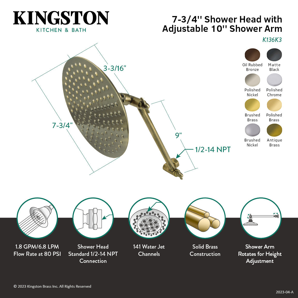 Shower Scape K136K3 7-3/4 Inch Brass Shower Head with 10-Inch High-Low Shower Arm, Antique Brass