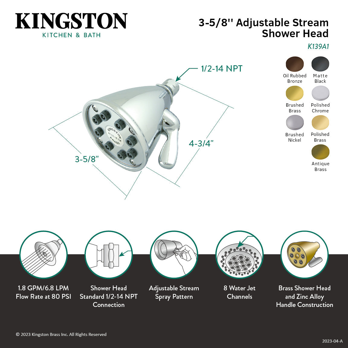 Shower Scape K139A8 3-5/8 Inch Brass Adjustable Shower Head, Brushed Nickel