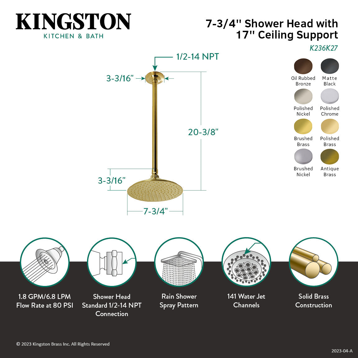 Shower Scape K236K27 7-3/4 Inch Brass Shower Head with 17-Inch Ceiling Support, Brushed Brass