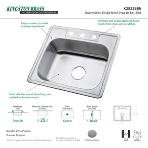 Carefree K25228BN 25-Inch Stainless Steel Self-Rimming 3-Hole Single Bowl Drop-In Kitchen Sink, Brushed