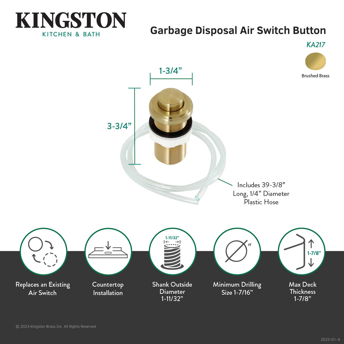 Trimscape KA217 Garbage Disposal Air Switch Button, Brushed Brass