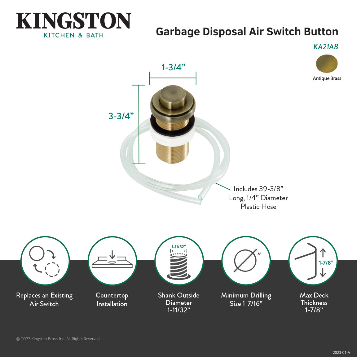 Trimscape KA21AB Garbage Disposal Air Switch Button, Antique Brass