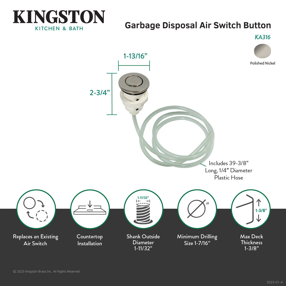 Trimscape KA316 Garbage Disposal Air Switch Button, Polished Nickel