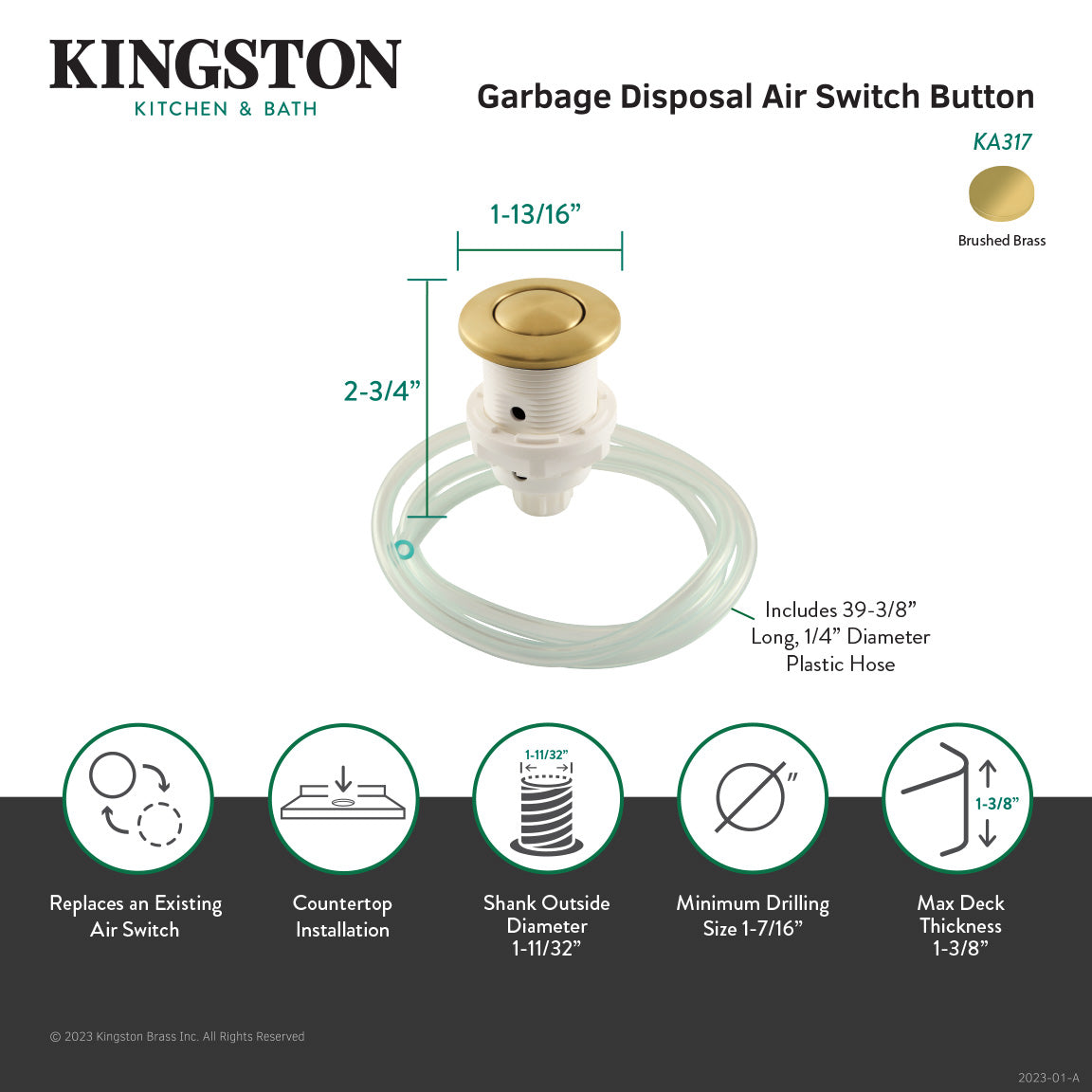 Trimscape KA317 Garbage Disposal Air Switch Button, Brushed Brass