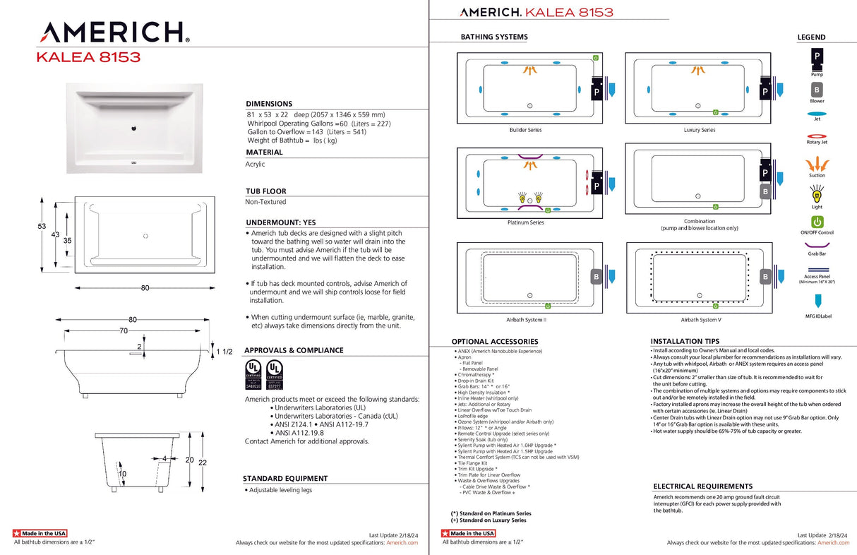 Americh KA8153TA2-BI Kalea 8153 - Tub Only / Airbath 2 - Biscuit