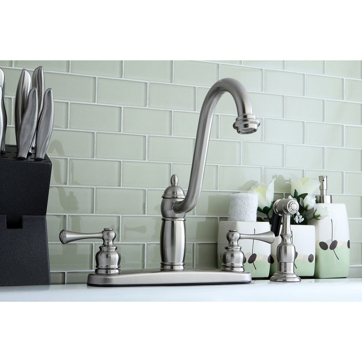 Heritage KB1118BLBS Two-Handle 4-Hole Deck Mount 8" Centerset Kitchen Faucet with Side Sprayer, Brushed Nickel