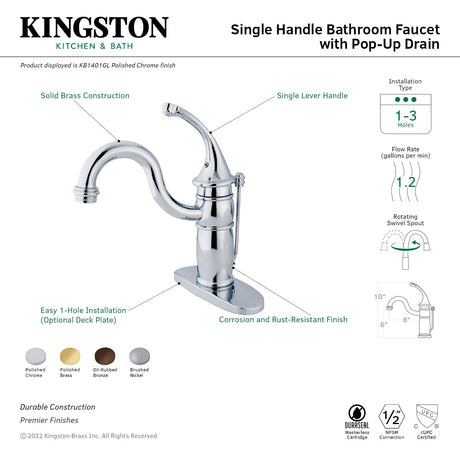 Georgian KB1401GL Single-Handle 1-Hole Deck Mount Bathroom Faucet with Plastic Pop-Up, Polished Chrome