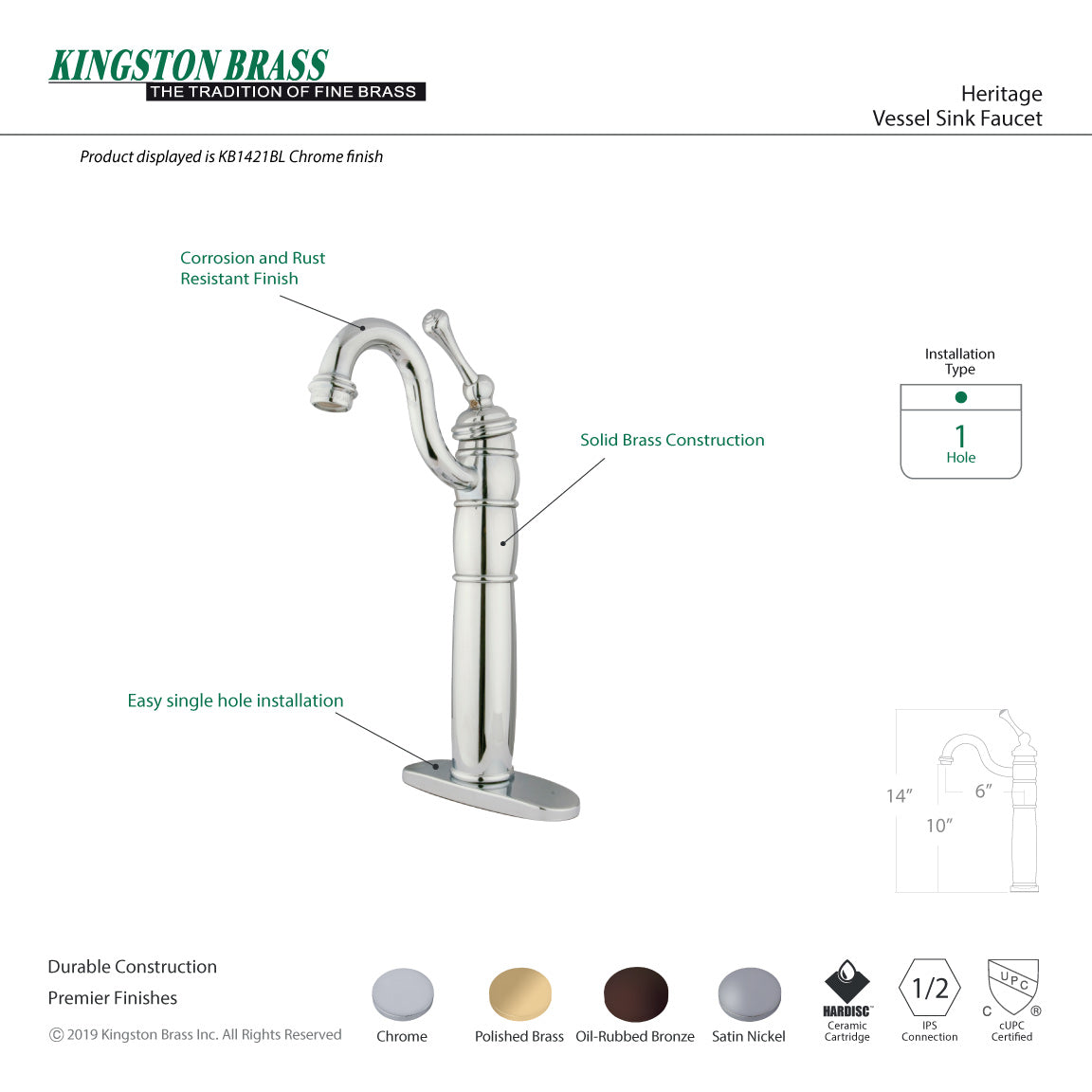 Heritage KB1422BL Single-Handle 1-Hole Deck Mount Vessel Faucet, Polished Brass