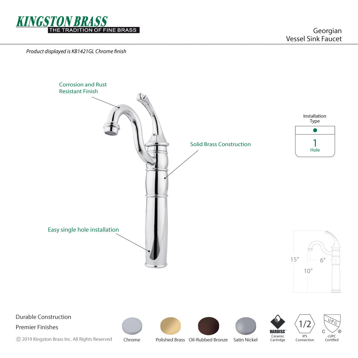 Georgian KB1422GL Single-Handle 1-Hole Deck Mount Vessel Faucet, Polished Brass