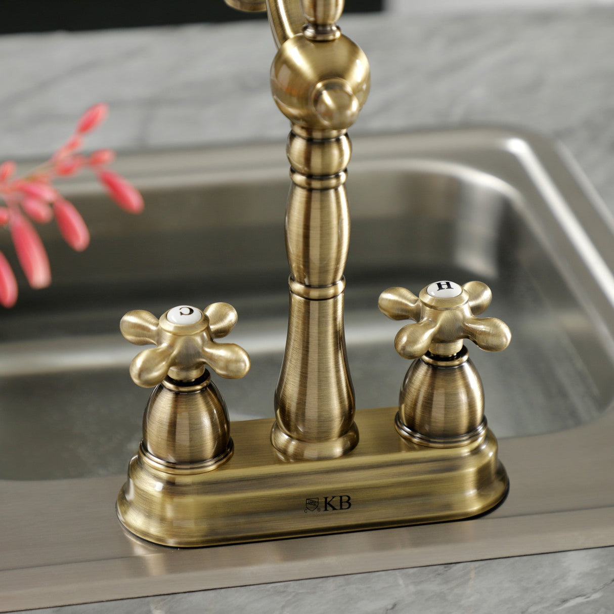 Heritage KB1493AX Two-Handle 2-Hole Deck Mount Bar Faucet, Antique Brass