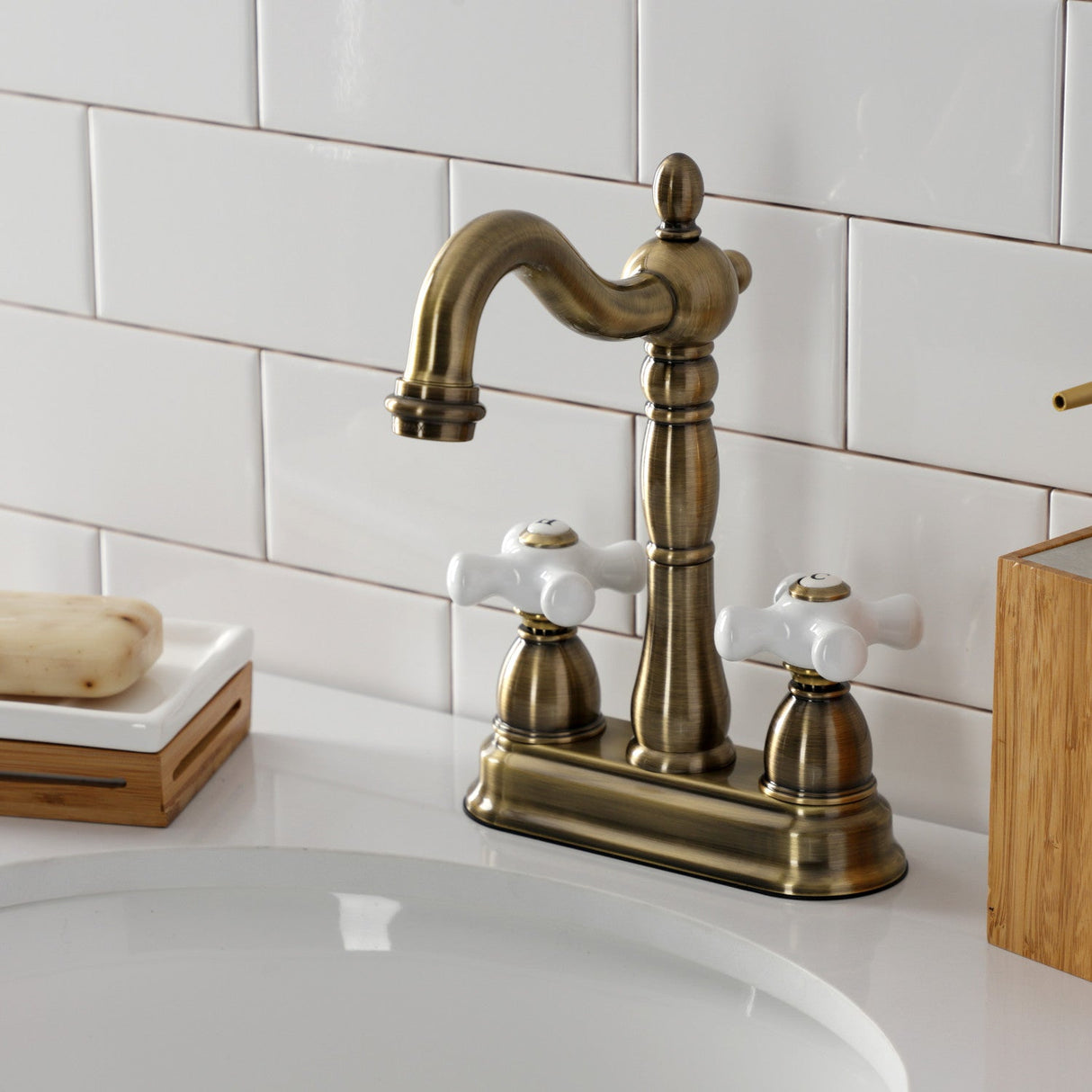 Heritage KB1493PX Two-Handle 2-Hole Deck Mount Bar Faucet, Antique Brass