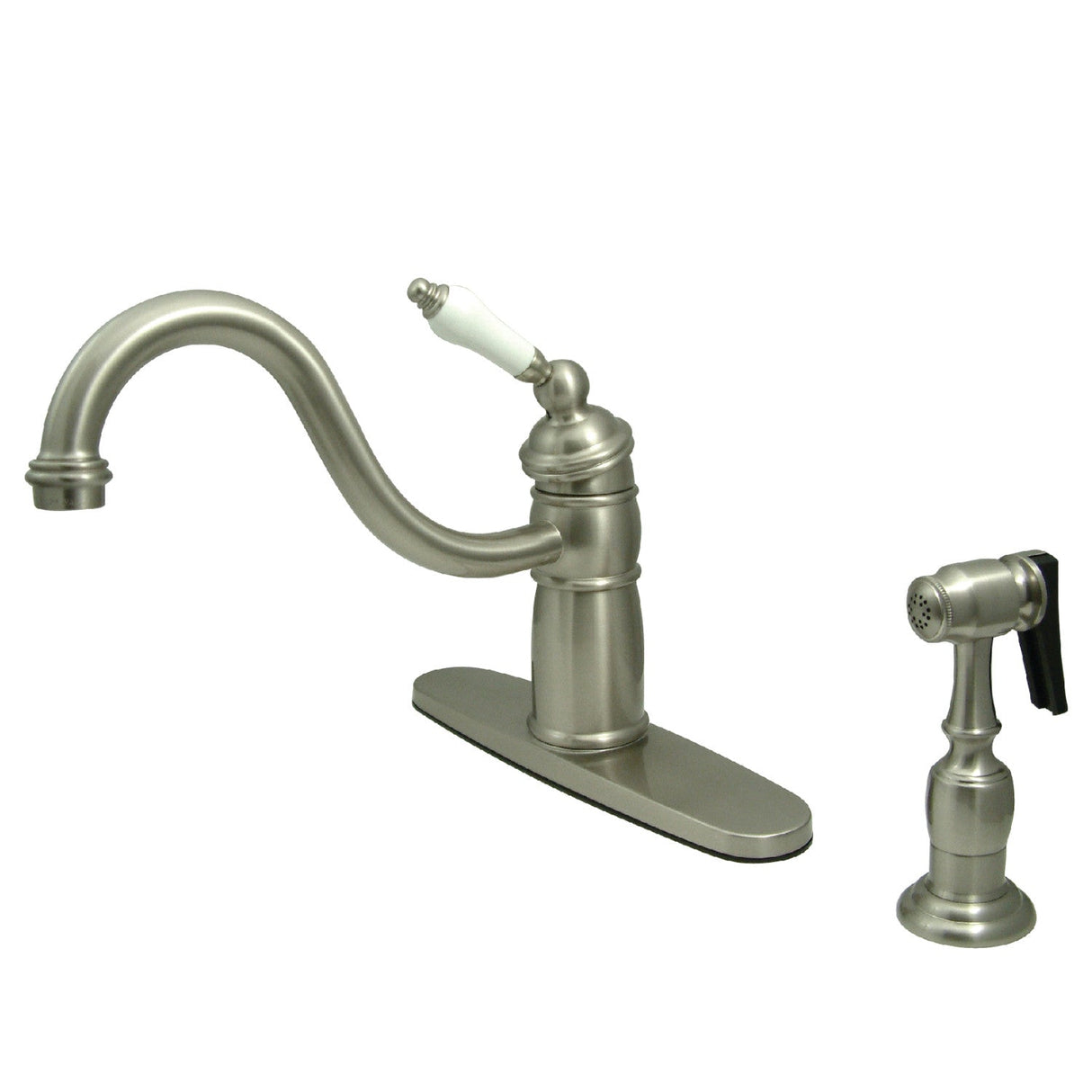 Victorian KB1578PLBS Single-Handle 2-or-4 Hole Deck Mount Kitchen Faucet with Brass Sprayer, Brushed Nickel