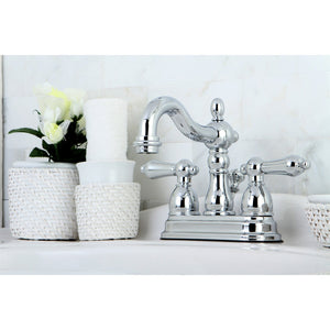 Heritage KB1601AL Two-Handle 3-Hole Deck Mount 4" Centerset Bathroom Faucet with Plastic Pop-Up, Polished Chrome