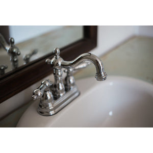 Heritage KB1601AL Two-Handle 3-Hole Deck Mount 4" Centerset Bathroom Faucet with Plastic Pop-Up, Polished Chrome