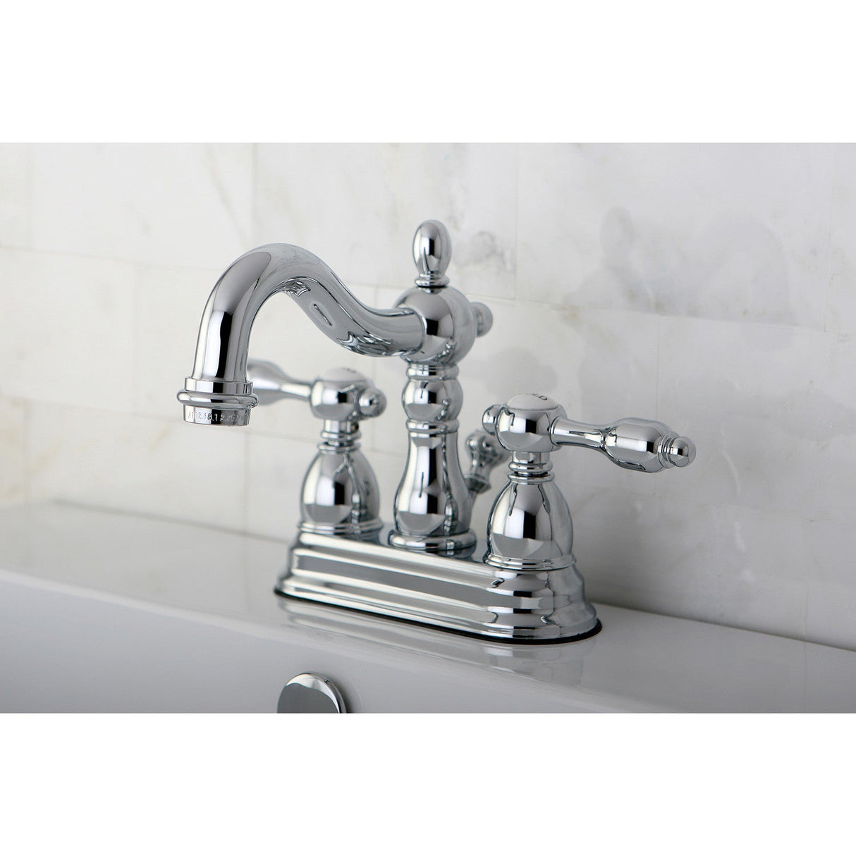 Tudor KB1601TAL Two-Handle 3-Hole Deck Mount 4" Centerset Bathroom Faucet with Plastic Pop-Up, Polished Chrome