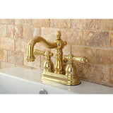 Heritage KB1602AL Two-Handle 3-Hole Deck Mount 4" Centerset Bathroom Faucet with Plastic Pop-Up, Polished Brass