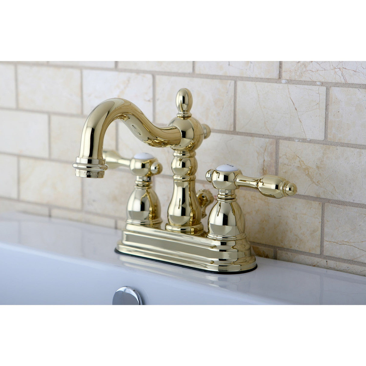 Tudor KB1602TAL Two-Handle 3-Hole Deck Mount 4" Centerset Bathroom Faucet with Plastic Pop-Up, Polished Brass