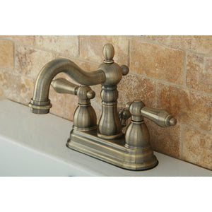 Heritage KB1603AL Two-Handle 3-Hole Deck Mount 4" Centerset Bathroom Faucet with Plastic Pop-Up, Antique Brass
