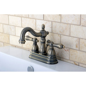Heritage KB1603AL Two-Handle 3-Hole Deck Mount 4" Centerset Bathroom Faucet with Plastic Pop-Up, Antique Brass
