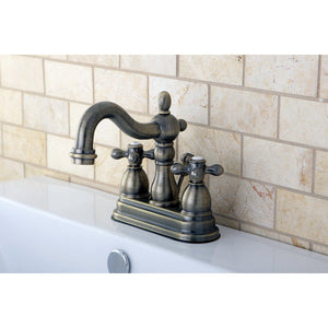 Heritage KB1603AX Two-Handle 3-Hole Deck Mount 4" Centerset Bathroom Faucet with Plastic Pop-Up, Antique Brass