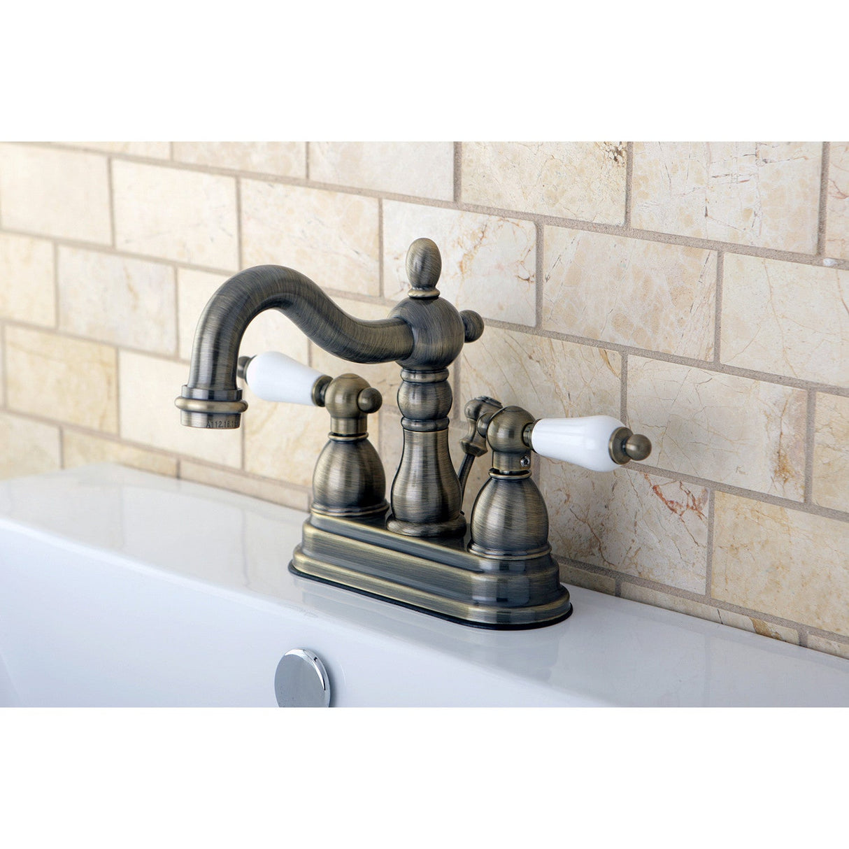 Heritage KB1603PL Two-Handle 3-Hole Deck Mount 4" Centerset Bathroom Faucet with Plastic Pop-Up, Antique Brass