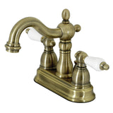 Heritage KB1603PL Two-Handle 3-Hole Deck Mount 4" Centerset Bathroom Faucet with Plastic Pop-Up, Antique Brass