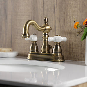 Heritage KB1603PX Two-Handle 3-Hole Deck Mount 4" Centerset Bathroom Faucet with Plastic Pop-Up, Antique Brass