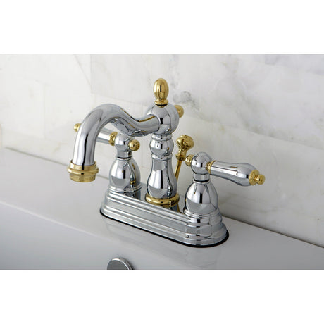 Heritage KB1604AL Two-Handle 3-Hole Deck Mount 4" Centerset Bathroom Faucet with Plastic Pop-Up, Polished Chrome/Polished Brass