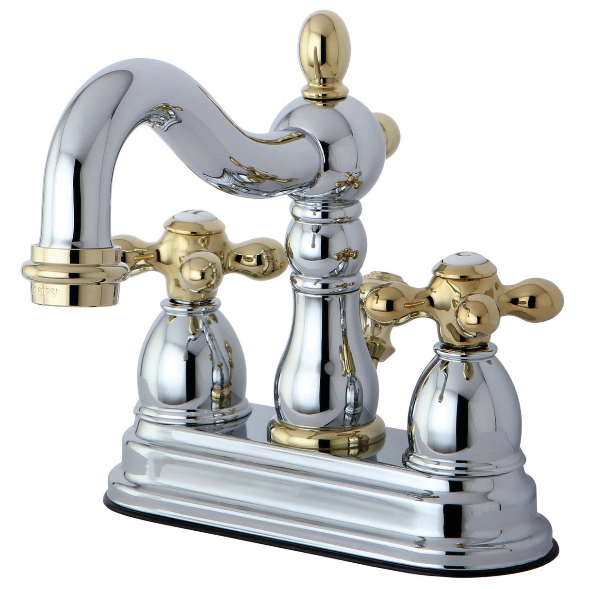 Heritage KB1604AX Two-Handle 3-Hole Deck Mount 4" Centerset Bathroom Faucet with Plastic Pop-Up, Polished Chrome/Polished Brass