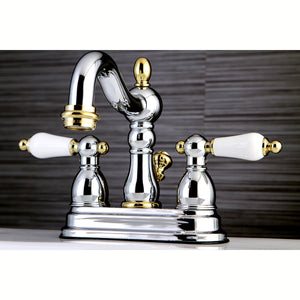 Heritage KB1604PL Two-Handle 3-Hole Deck Mount 4" Centerset Bathroom Faucet with Plastic Pop-Up, Polished Chrome/Polished Brass