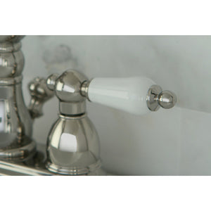 Heritage KB1606PL Two-Handle 3-Hole Deck Mount 4" Centerset Bathroom Faucet with Plastic Pop-Up, Polished Nickel