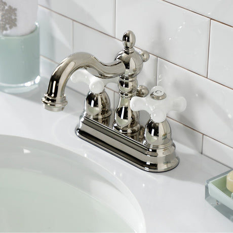 Heritage KB1606PX Two-Handle 3-Hole Deck Mount 4" Centerset Bathroom Faucet with Plastic Pop-Up, Polished Nickel