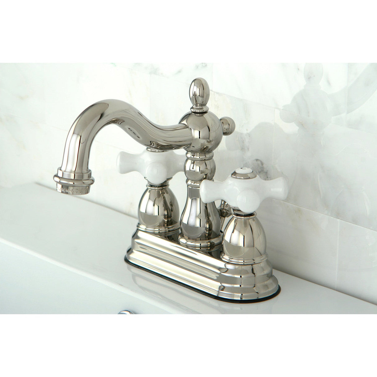 Heritage KB1606PX Two-Handle 3-Hole Deck Mount 4" Centerset Bathroom Faucet with Plastic Pop-Up, Polished Nickel