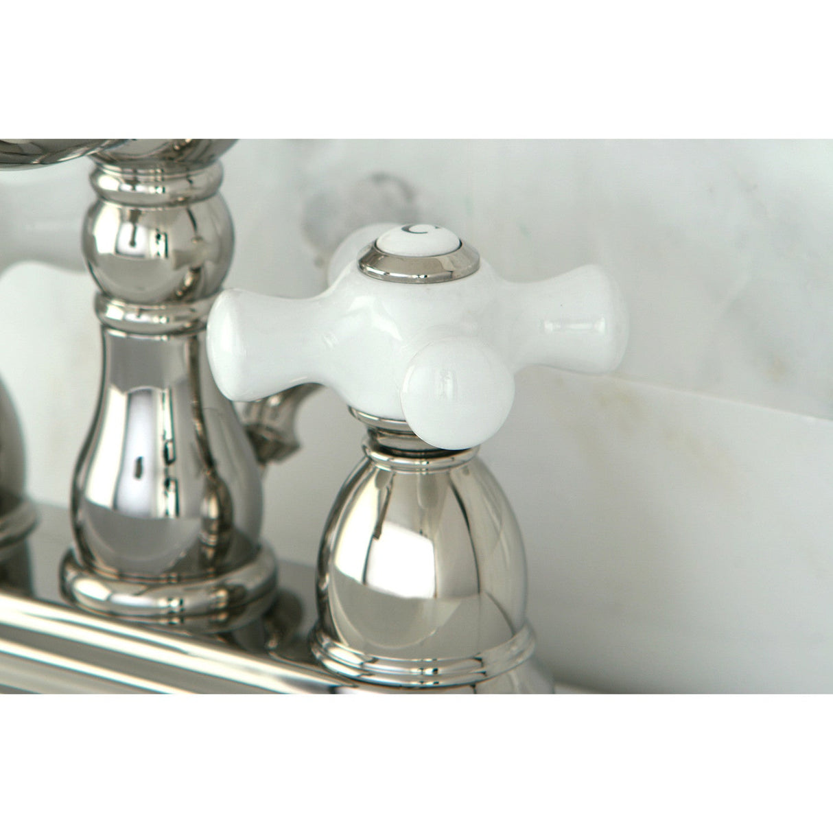 Heritage KB1606PX Two-Handle 3-Hole Deck Mount 4" Centerset Bathroom Faucet with Plastic Pop-Up, Polished Nickel