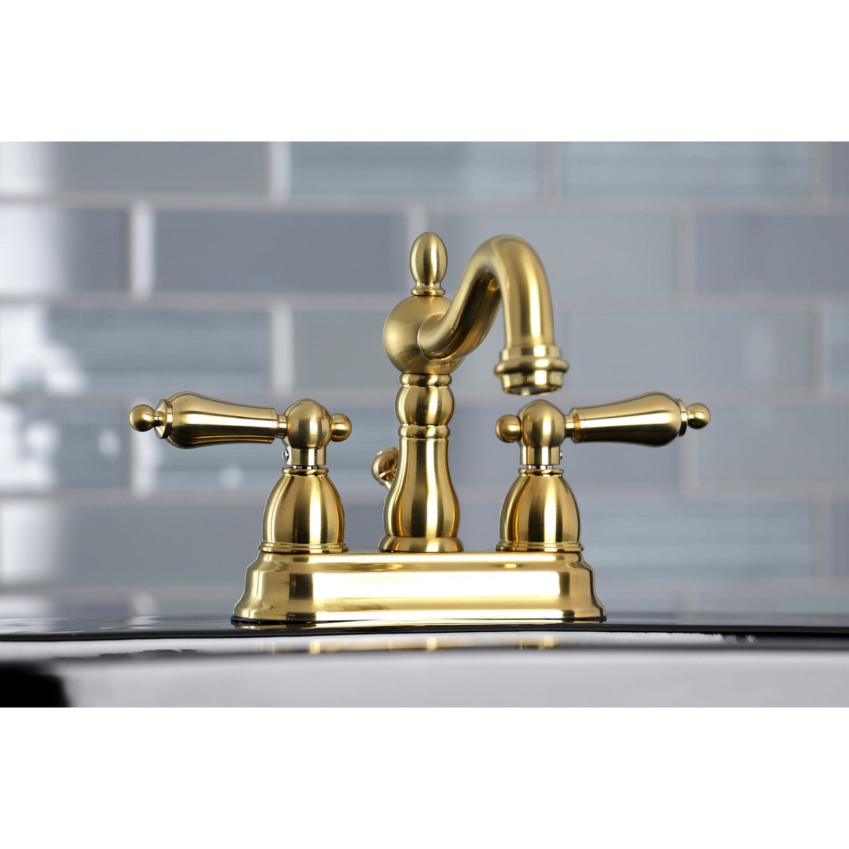 Heritage KB1607AL Two-Handle 3-Hole Deck Mount 4" Centerset Bathroom Faucet with Plastic Pop-Up, Brushed Brass