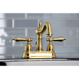 Heritage KB1607AL Two-Handle 3-Hole Deck Mount 4" Centerset Bathroom Faucet with Plastic Pop-Up, Brushed Brass