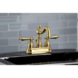 Heritage KB1607AL Two-Handle 3-Hole Deck Mount 4" Centerset Bathroom Faucet with Plastic Pop-Up, Brushed Brass