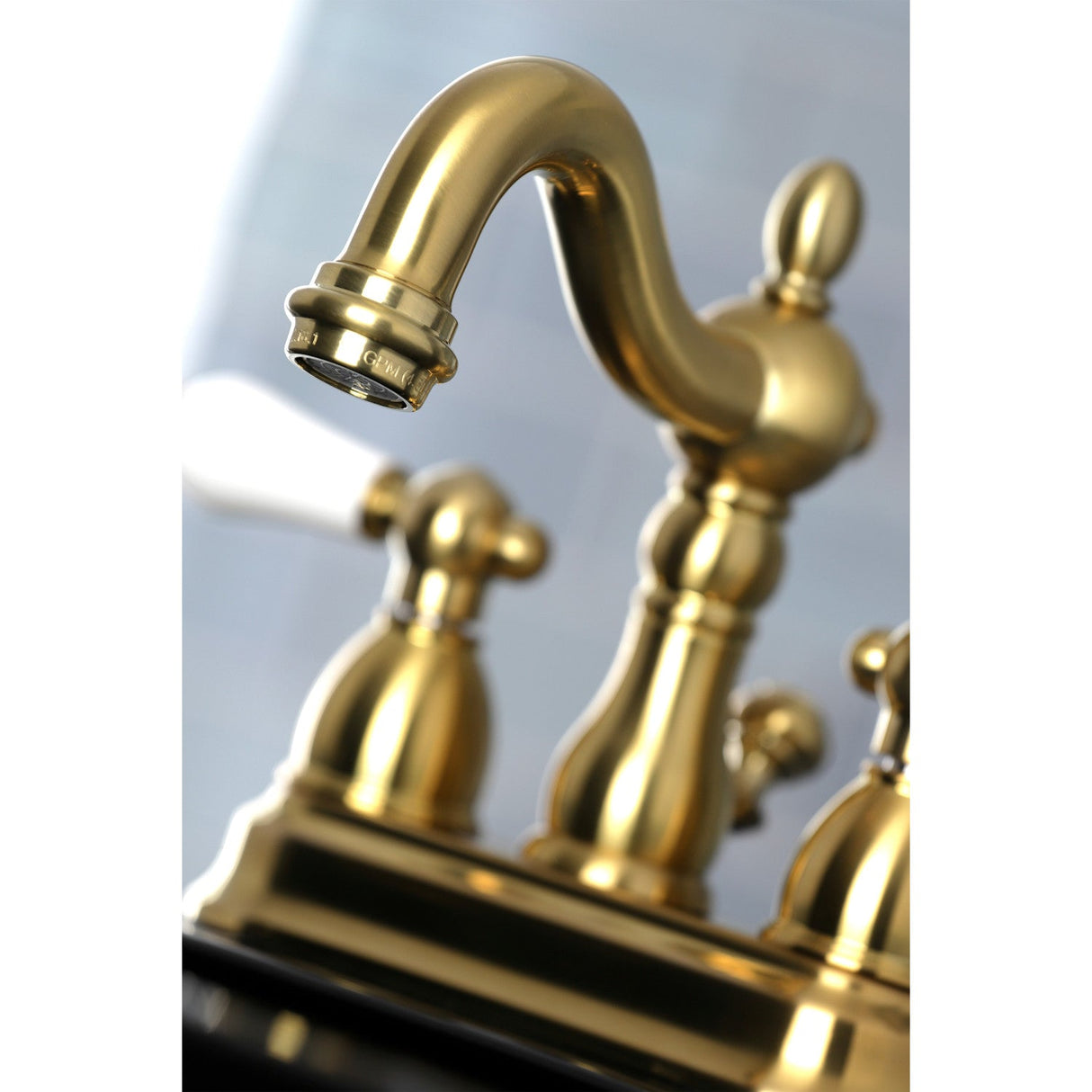 Heritage KB1607PL Two-Handle 3-Hole Deck Mount 4" Centerset Bathroom Faucet with Plastic Pop-Up, Brushed Brass