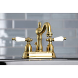 Heritage KB1607PL Two-Handle 3-Hole Deck Mount 4" Centerset Bathroom Faucet with Plastic Pop-Up, Brushed Brass