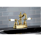 Heritage KB1607PL Two-Handle 3-Hole Deck Mount 4" Centerset Bathroom Faucet with Plastic Pop-Up, Brushed Brass